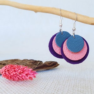 Leather Earrings Round * Geometric * Hanging * Circles * Hypoallergenic * Purple Pink Grey*