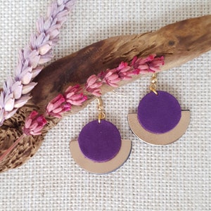 Leather Earrings * Geometric * Hanging * Circles * Silver Plated * Earring Round * Purple Gold * Metallic Colors