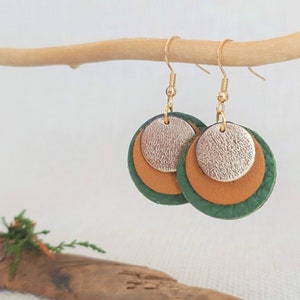 Leather Earrings Round * Geometric * Hanging * Circles * Hypoallergenic * Green Oak Gold *