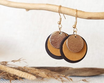 Leather Earrings Round * Geometric * Hanging * Circles * Hypoallergenic * Cognac Chocolate Brown Gold *
