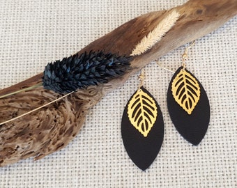 Leather Earrings * Leaf Shape * Geometric * Hanging * Oval * Hypoallergenic * Black with Gold Leaf*