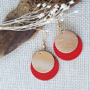 Earrings * Geometric * Hanging * Leather * Circles * Silver plated * Round earring * Gold Red * Metallic colors