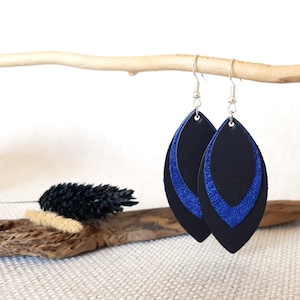 Leather Earrings * Leaf Shape * Geometric * Hanging * Oval * Hypoallergenic * Metallic Blue with Black *