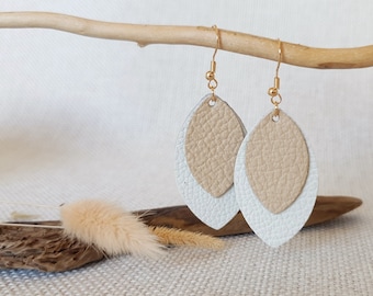 Leather Earrings * Leaf Shape * Geometric * Hanging * Oval * Hypoallergenic * Beige and Creamy White *
