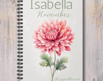 November birth flower, Chrysanthemum, Personalized Spiral Notebook - Ruled Line, Journal, watercolour , Floral Design Notebook, Gift for her
