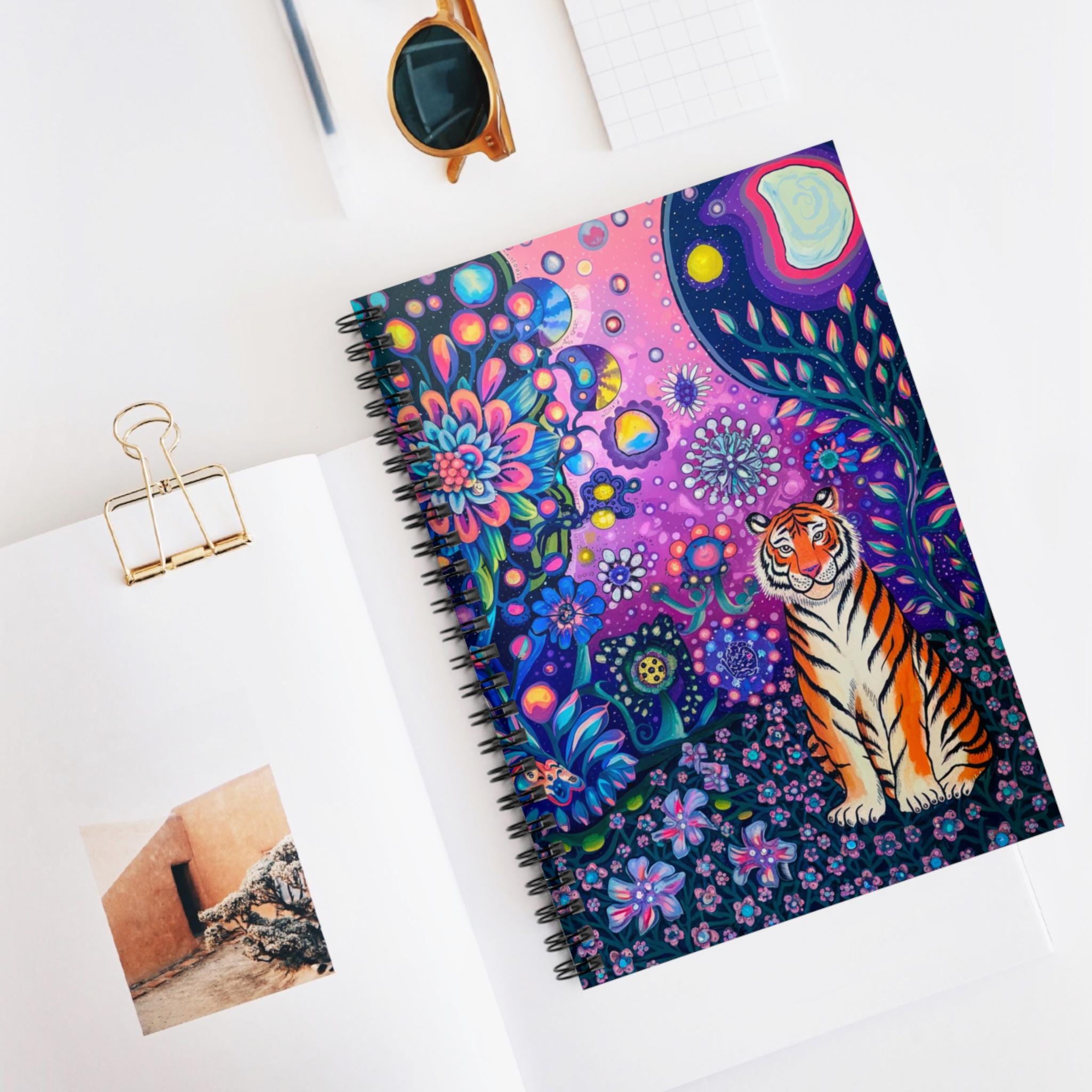 Spiral Notebook - Tiger in Mythical Floral Moonlit Garden, Folk Art ...