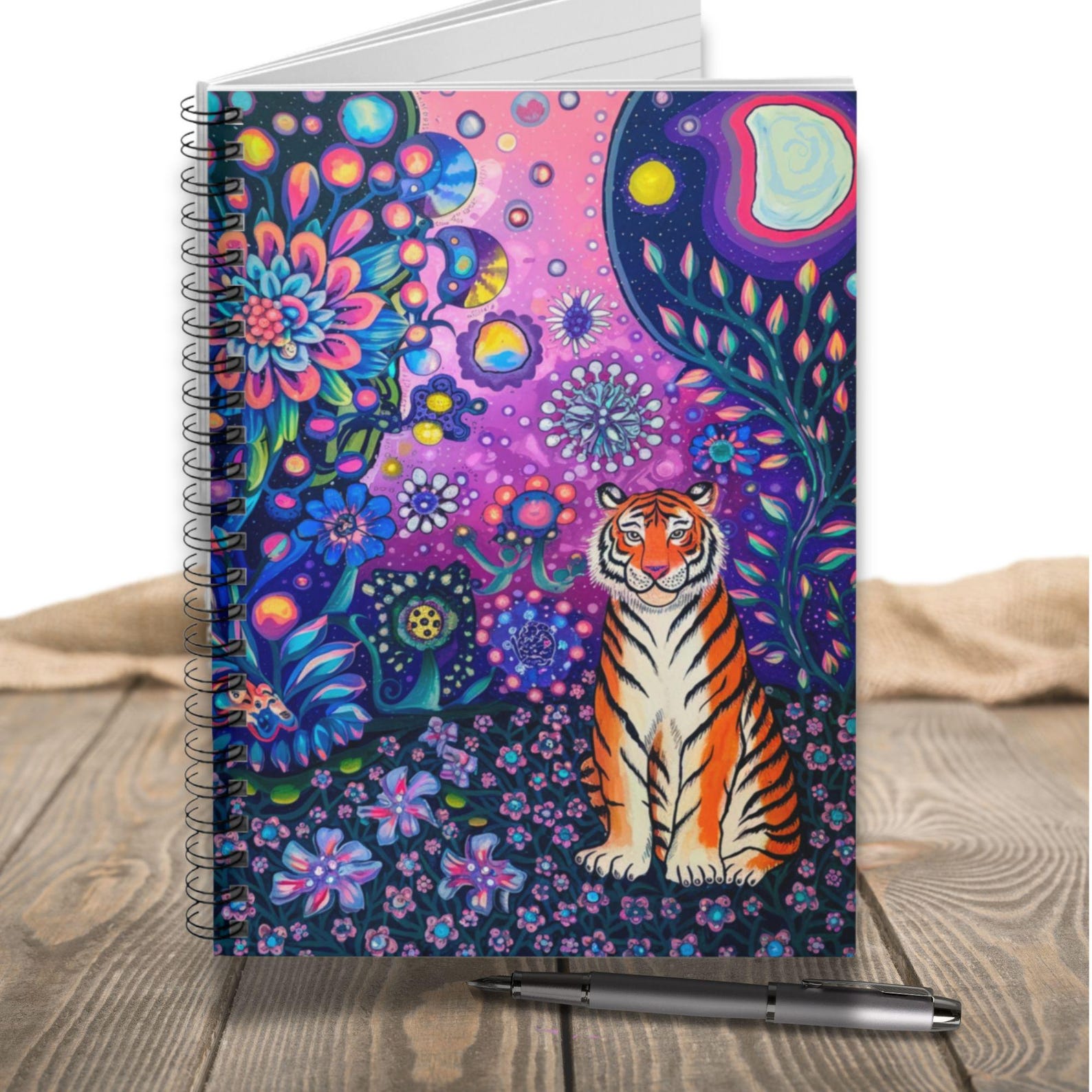 Spiral Notebook - Tiger in Mythical Floral Moonlit Garden, Folk Art ...