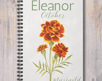 October birth flower, Marigold, Personalized Spiral Notebook, Journal, Watercolour , Floral Stationery, Gift for Her, School teacher gift
