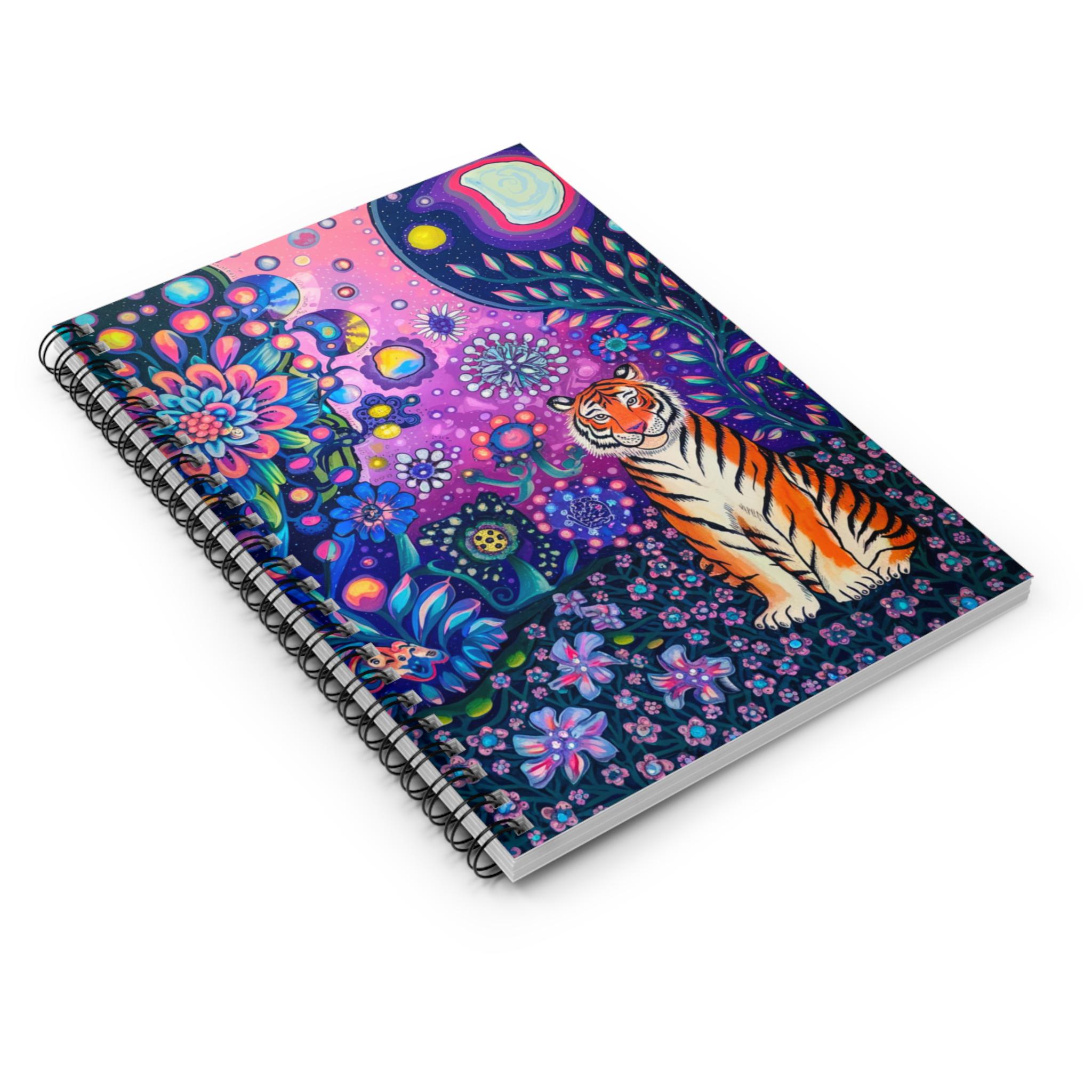Spiral Notebook - Tiger in Mythical Floral Moonlit Garden, Folk Art ...