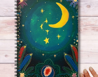 Moon and Stars, Spiral Notebook,  Folk Art Flowers, Dream Journal, Writing Notebook, Planner, Gift for friends, Teachers, Children