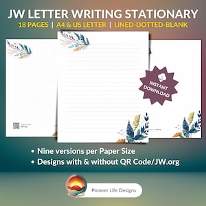 JW Escritura de cartas Diseño de hojas estacionarias Color de agua para escribir cartas Ministerio Papel con membrete JW.org Código QR Regalo Hermano Hermana