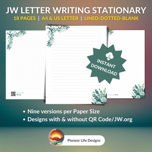 JW Escritura de cartas Papelería Diseño de flores verdes Color de agua para escribir cartas Ministerio Papel con membrete JW.org Código QR Regalo Hermano Hermana
