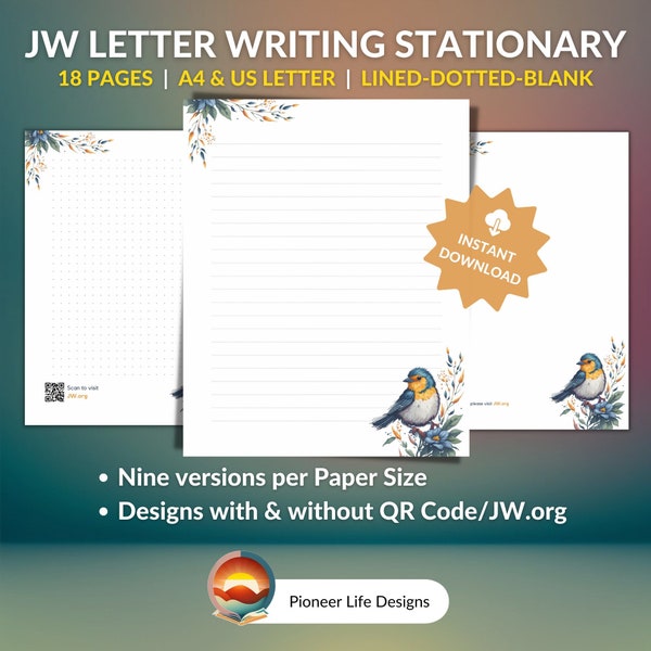 JW Lettre d’écriture stationnaire motif oiseau bleu aquarelle pour écrire une lettre ministère papier à en-tête JW.org QR Code cadeau frère sœur