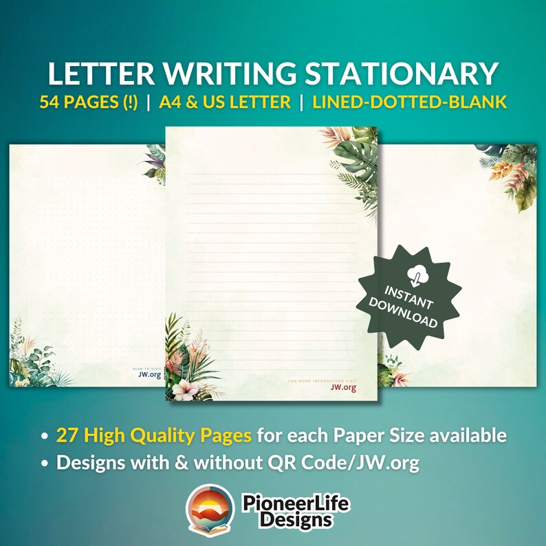 JW Letter Writing Paper Stationary Design Water Color for Ministry ...
