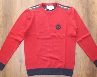 Vintage Men Red Top Designer Cardigan Crew Neck Sweater size L Large