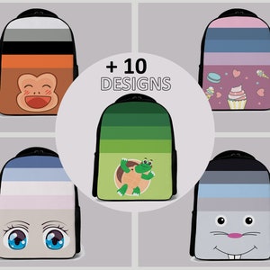 May include: A set of ten colorful backpacks with different cartoon animal designs. The backpacks are striped with various colors and feature a cartoon animal on the front. The text '+10 DESIGNS' is displayed in the center of the image.