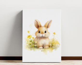 Nursery Animal Wall Art, Nursery Decor, Neutral Nursery Art, Baby Shower, Watercolor, Canvas Wall Art, Rabbit, Kids Room Decor,Classroom Art