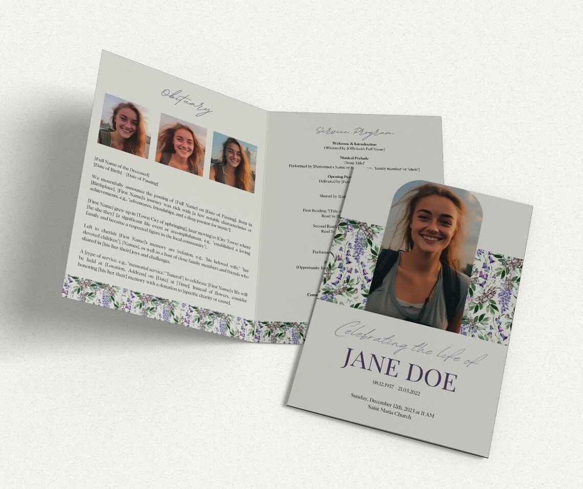 Editable Purple Flowers Funeral Program Canva Template Set, Memorial ...