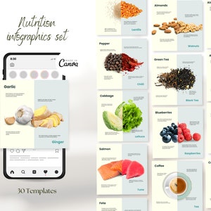May include: A set of 30 Instagram story templates for nutrition infographics. The templates feature a variety of foods, including garlic, ginger, cabbage, lettuce, salmon, tuna, feta, lentils, chili, blueberries, raspberries, almonds, walnuts, avocado, mango, green tea, black tea, coffee, and tea. The templates are designed to be used with the Canva app.