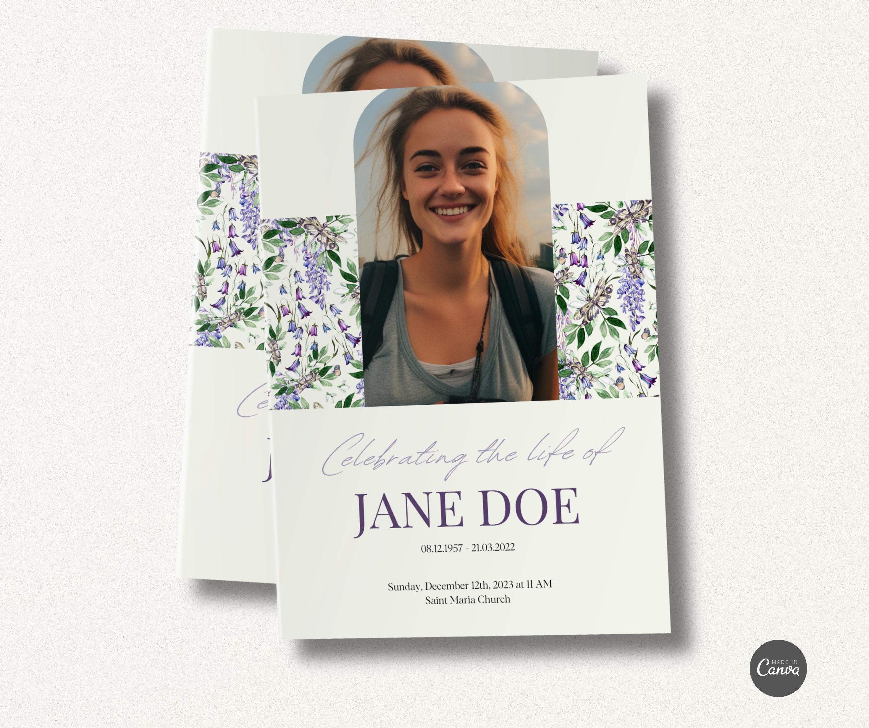 Editable Purple Flowers Funeral Program Canva Template Set - Etsy