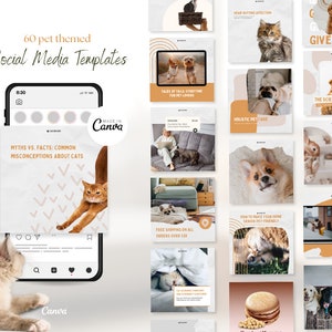 May include: A collection of 60 social media templates featuring images of cats and dogs. The templates are designed for pet-related businesses and feature a variety of themes, including pet care, pet training, and pet adoption. The templates are made in Canva and are ready to be customized with your own text and images.