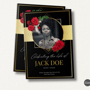 Editable Funeral Black Gold Roses Program Template Set, Memorial Program, Celebration of Life, Printable & Digital Funeral Program, #FNRL