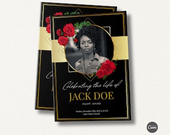 Black & Gold Roses Funeral Program Template: Editable Memorial (Digital)