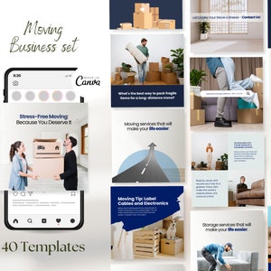 May include: A set of 40 Instagram story templates for a moving business. The templates feature a blue and white color scheme with images of people moving boxes and a road leading to a blue sky. The text on the templates includes "Stress-Free Moving: Because You Deserve It", "Moving services that will make your life easier", and "Moving Tip: Label Cables and Electronics".
