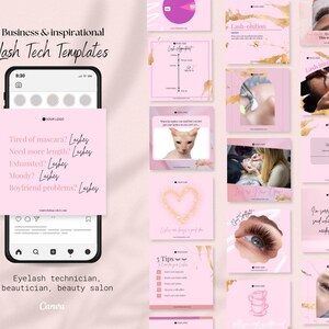 May include: A collection of pink and gold social media templates for lash technicians. The templates feature text such as "Lash-olution", "Lash inspo", and "Tired of mascara? Lashes".