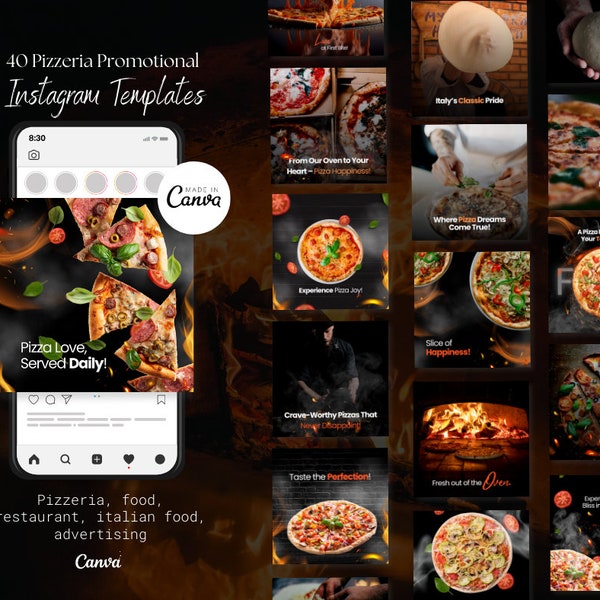40 Pizza Instagram Posts | Pizzeria Branding Canva Templates | Food Delivery | Fast Food | Gourmet templates