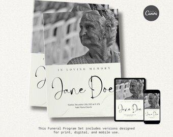 Edytowalny szablon programu pogrzebowego Canva: Minimalistyczny pomnik (do pobrania cyfrowego)