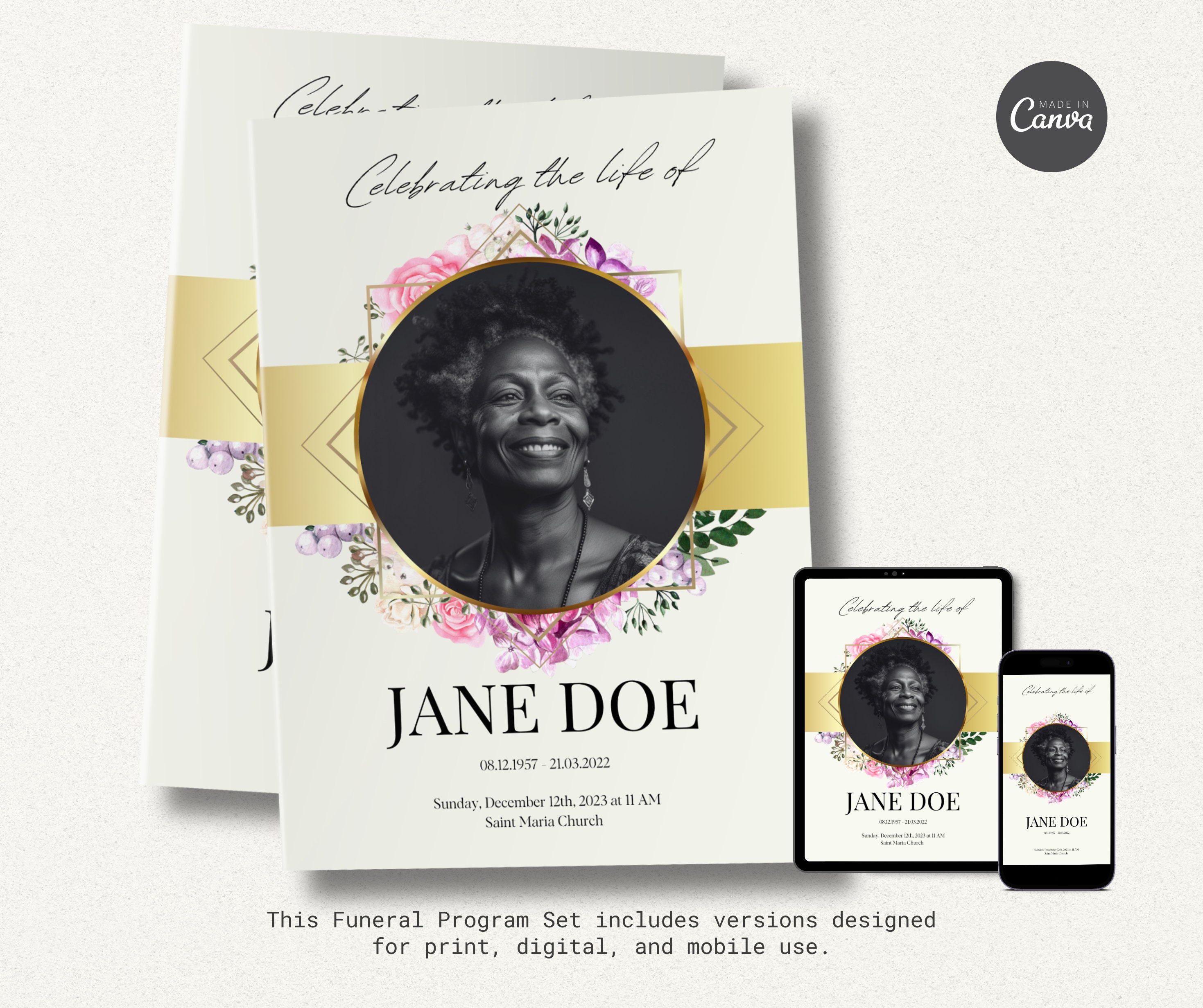 Editable Gold Flower Funeral Program Template Set, Memorial Program ...