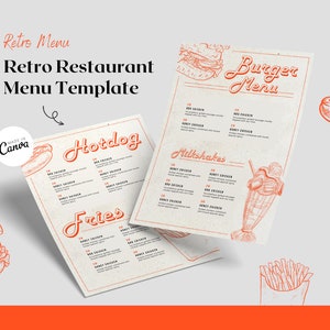 Plantilla de volante de menú de restaurante retro, promociones de restaurantes vintage, menú de comida imprimible, plantilla Canva de restaurante clásico