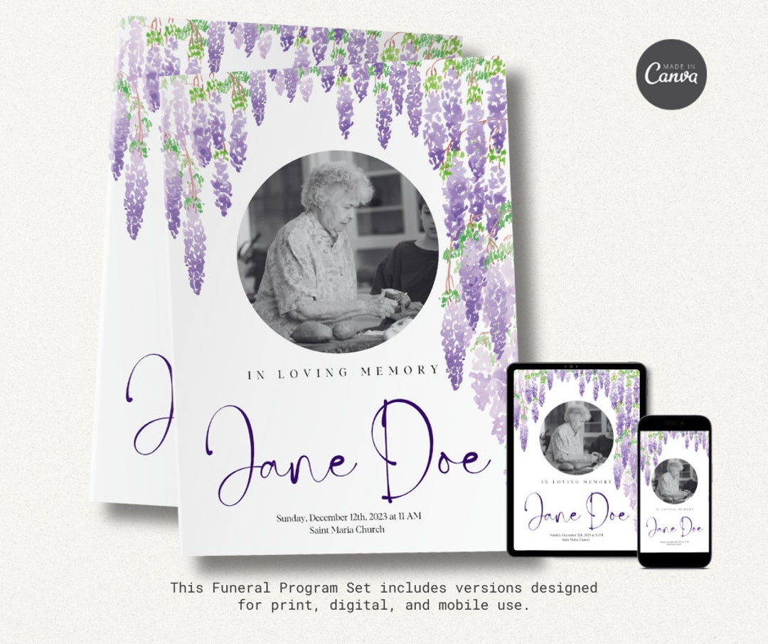 Editable Purple Flower Funeral Program Canva Template Set, Memorial ...