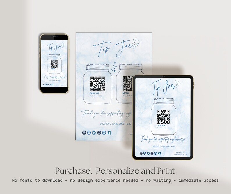 Container Jars With Script Blue Marble Tip Jar Canva Template: Scan to Pay Sign (digital Download ...