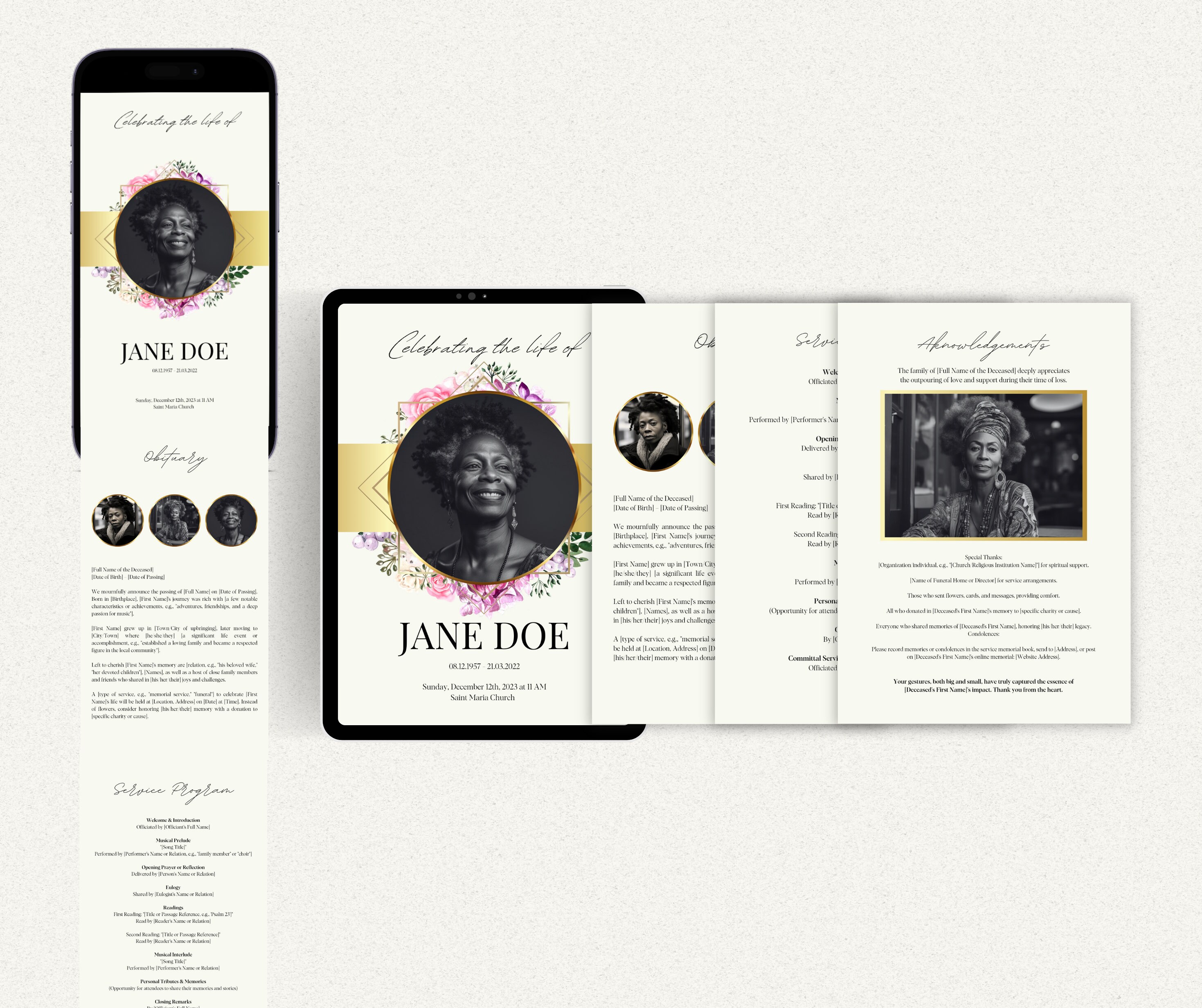 Editable Gold Flower Funeral Program Template Set, Memorial Program ...