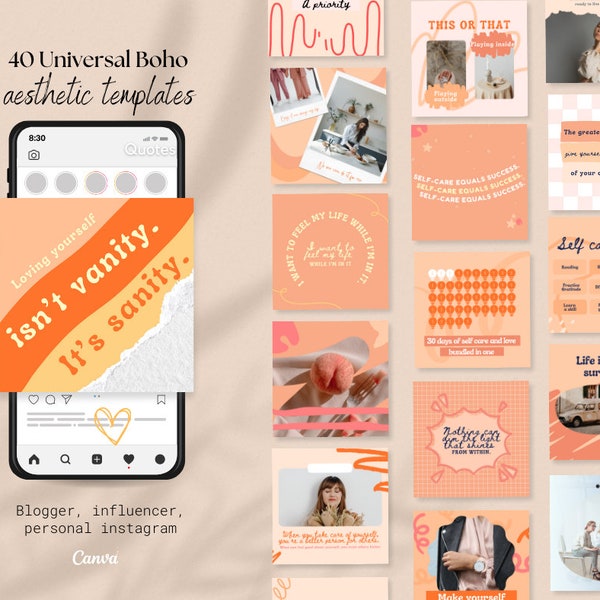Instagram Posts Template Bundle in Square, Portrait, and Stories in Retro Peach I Canva Editable Social Media Templates I Pinterest template
