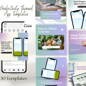 Puede incluir: Un collage de imágenes coloridas que promocionan una aplicación de productividad. Las imágenes muestran una pantalla de teléfono con un icono de nube, un grupo de personas usando la aplicación y texto que dice "Magia de la productividad", "Tutoriales fáciles de seguir", "Tareas claras, mente clara" y "Todo lo que necesitas".