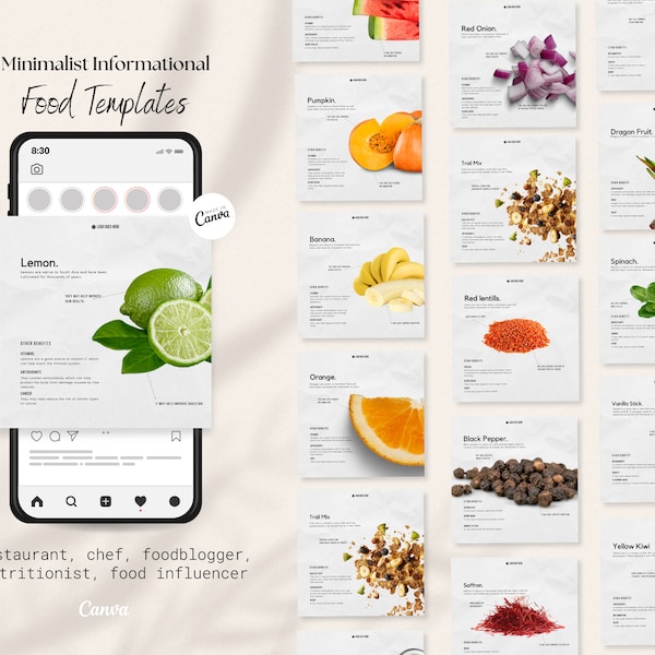 Minimalistische voedingsinformatie-ingrediëntsjablonen | Bloggers, foodies, fitness, voeding | Instagram, Pinterest, Facebook | Canva sociale set