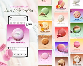 May include: 53 macaron flavours social media templates. A phone screen displays a pink macaron with white frosting and the text "Pink Milk Cream". The phone screen is surrounded by 16 different macaron flavours, each with a unique colour and design.
