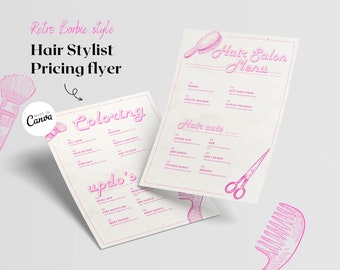 May include: A pink and white flyer with the text "Hair Salon Menu" in pink script. The flyer lists prices for hair coloring, updos, and haircuts. The flyer also includes illustrations of a hairbrush, scissors, and a comb.