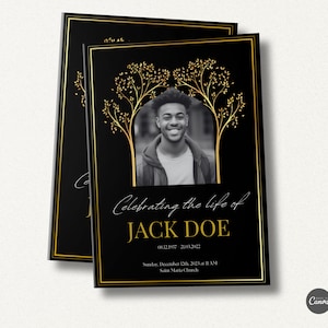 Bearbeitbares Beerdigung Black Gold Programm Canva Template Set, Gedenkprogramm, Feier des Lebens, druckbares und digitales Beerdigungsprogramm, #FNRL
