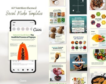 May include: A collection of 60 social media templates for nutrition themed content. The templates feature images of fruits, vegetables, and other healthy foods, along with text about their health benefits. The templates are designed to be used on Instagram, Facebook, and other social media platforms.  The text on the templates includes phrases like "Nature's Sunlit Gem: The Healthful Prowess of Papaya", "8 Foods That Boost Immunity", "Liquid Gold: The Sweet Benefits of Honey", "8 Foods Packed with Vitamin A", "Tips om Gluten Gevoeligheid te Herkennen", "Don't forget to eat some fruit", "Mango", "Papaya", and "Smoothie Basics & Nutritional Powerhouse to Every Smoothie".