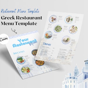 May include: A restaurant menu template with a watercolor design. The menu features the text "Greek Restaurant Menu Template" and "Your Restaurant Menu". The menu includes images of food and drink options.