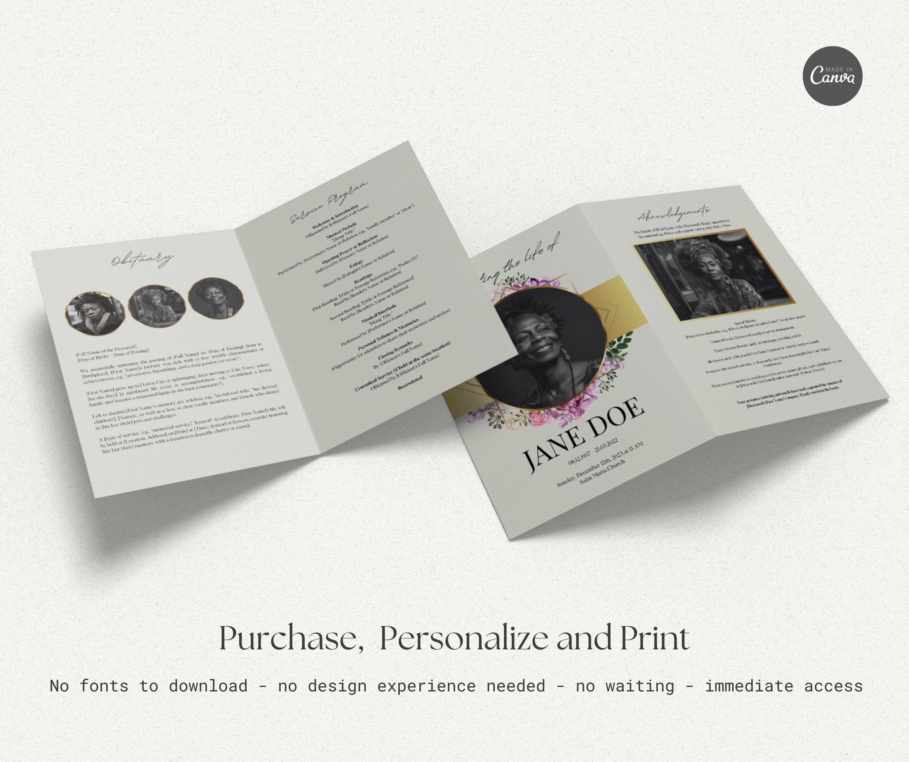 Editable Gold Flower Funeral Program Template Set, Memorial Program ...