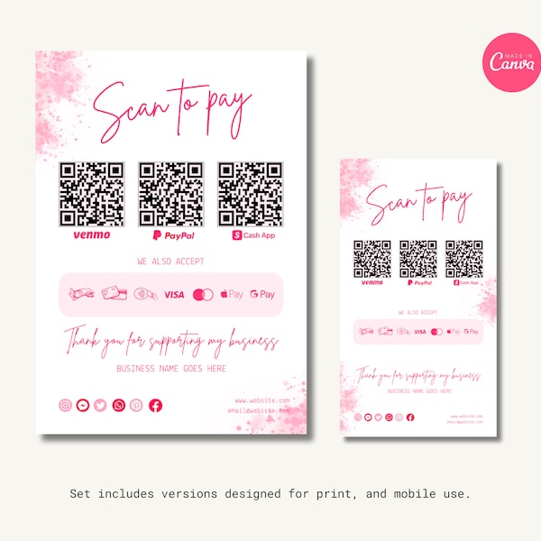 Pink Scan to Pay Canva Template Set, Editable QR Code Sign Template, CashApp, Venmo, PayPal Sign for Small Business, Payment Printable