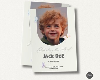 May include: A light beige memorial card with a photo of a young boy smiling. The card has a white oval around the photo with butterflies in the corners. The text "Celebrating the life of JACK DOE" is in a gray font. The dates "08.11.1917 - 31.01.2023" are below the name. The text "Sunday, December 12th, 2023 at 11 AM" and "Sant Maria Church" are at the bottom of the card.