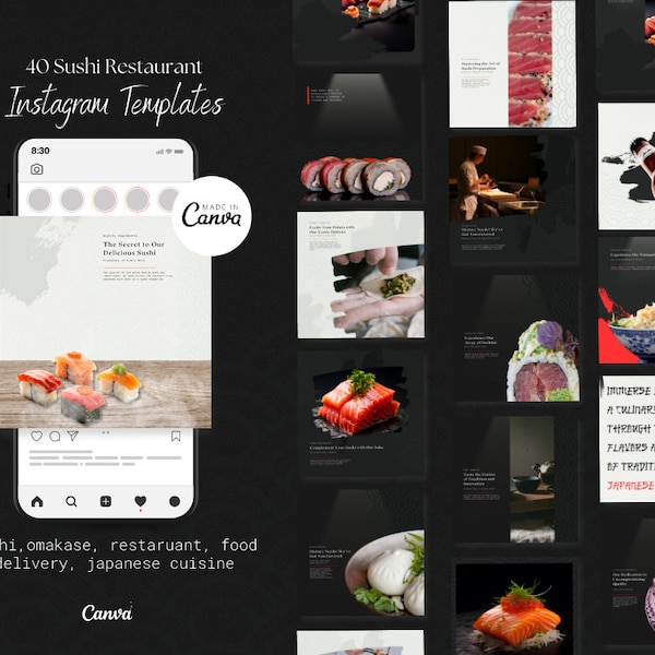 40 Sushi Bar & Japanese Dining Branding Canva Templates | Fine Dining Templates | Restaurant Instagram Posts | Food Delivery Posts