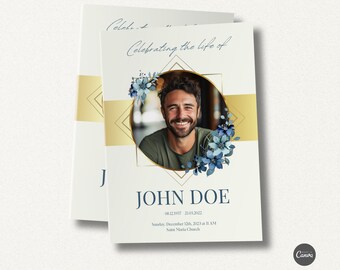 Blue & Gold Floral Funeral Program Template: Celebration of Life (Digital)