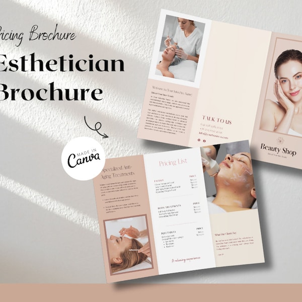 Esthetician Trifold Brochure | Spa Brochure Template |  Printable Beauty Salon Price List |  Beauty Services Flyer Brochure Canva Template